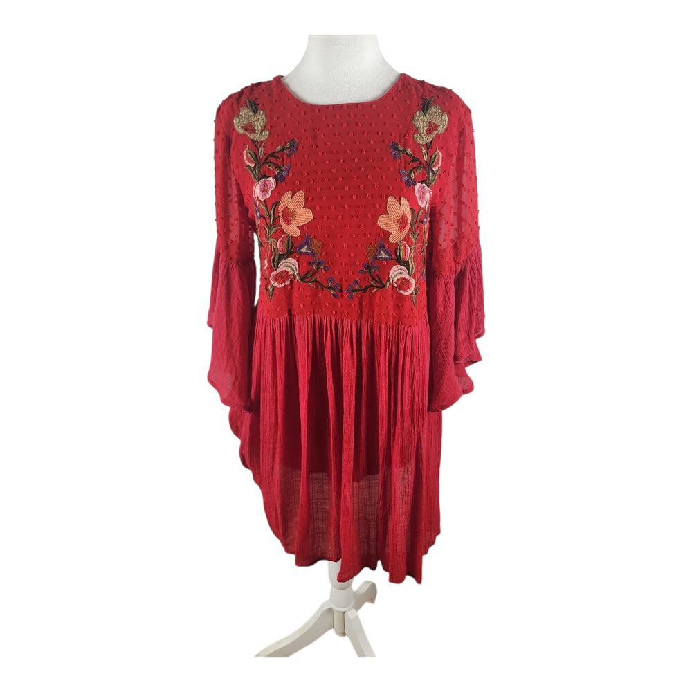 Umgee Red  Embroidered Floral Bell Sleeves Babydoll Dress Women's Small